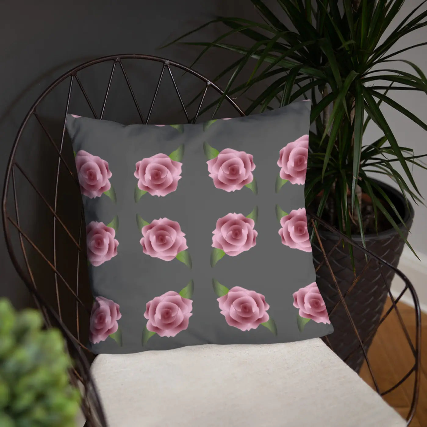 Pink Roses Grey Throw Pillows – Concealed Zipper - Dipaliz