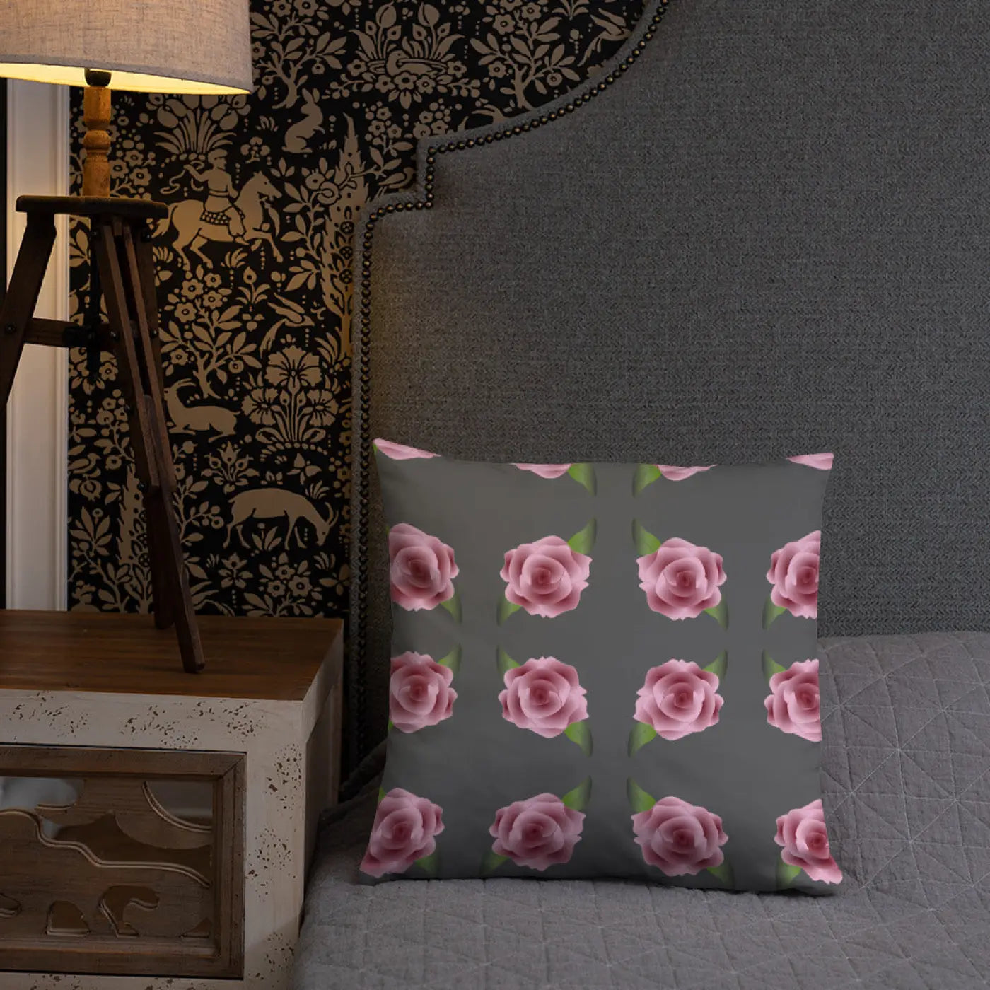 Pink Roses Grey Throw Pillows – Concealed Zipper - Dipaliz
