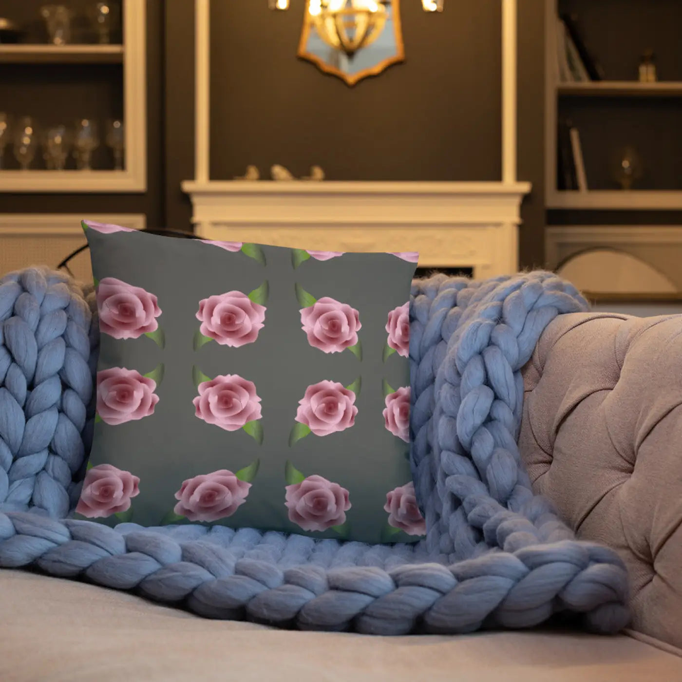 Pink Roses Grey Throw Pillows – Concealed Zipper - Dipaliz