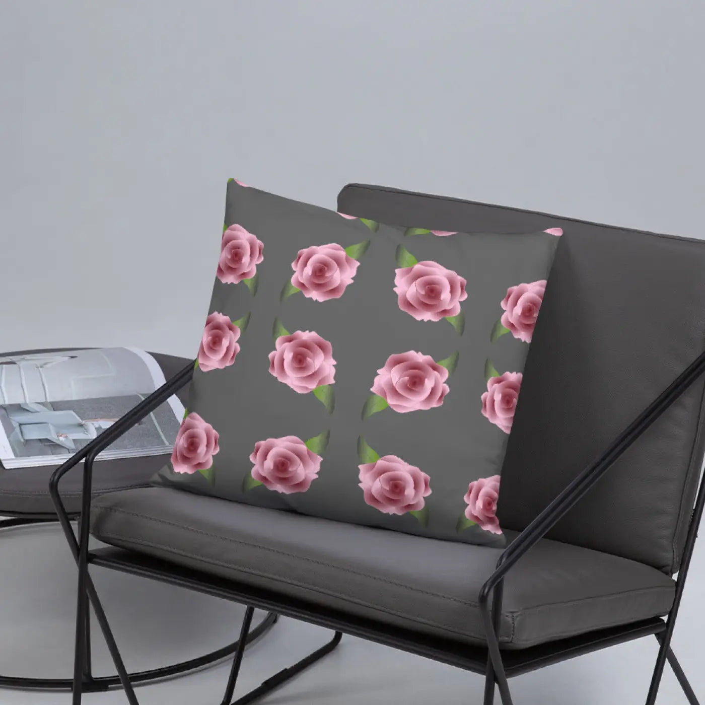 Pink Roses Grey Throw Pillows – Concealed Zipper - Dipaliz