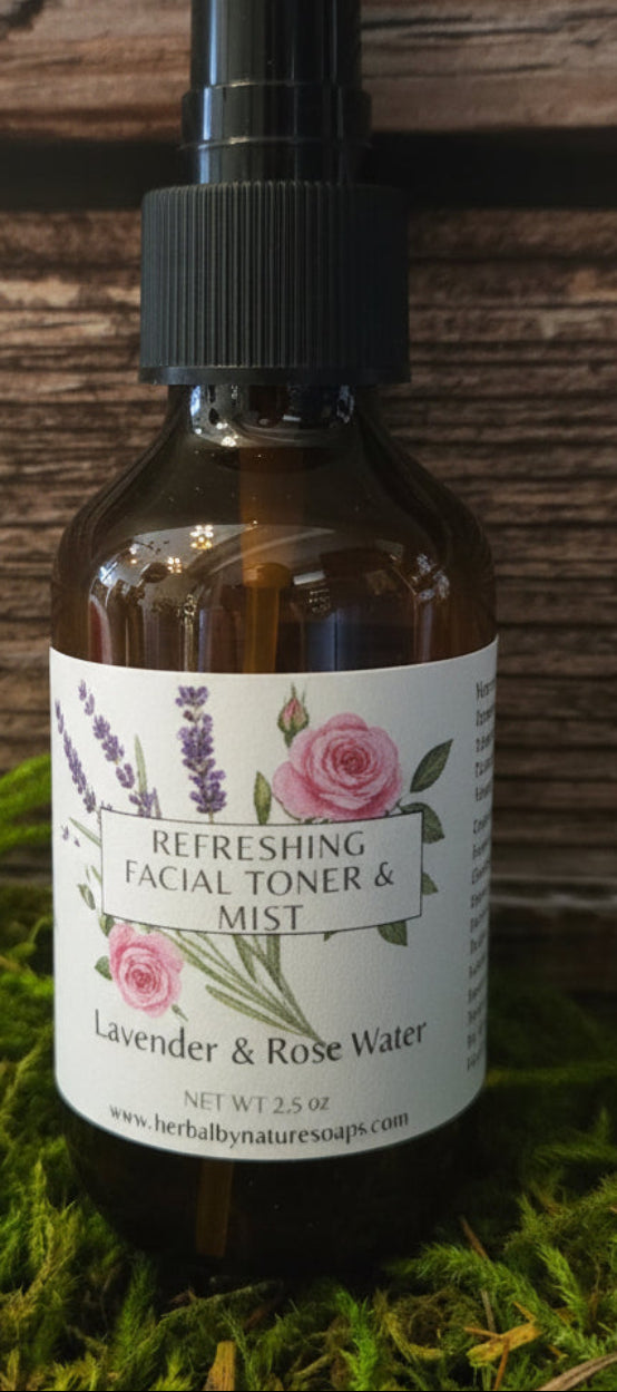 Bottle of lavender and rose water facial toner on a wooden surface with moss