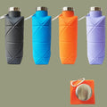 Four collapsible water bottles in black, blue, orange, and purple with a close-up of an orange bottle cap.