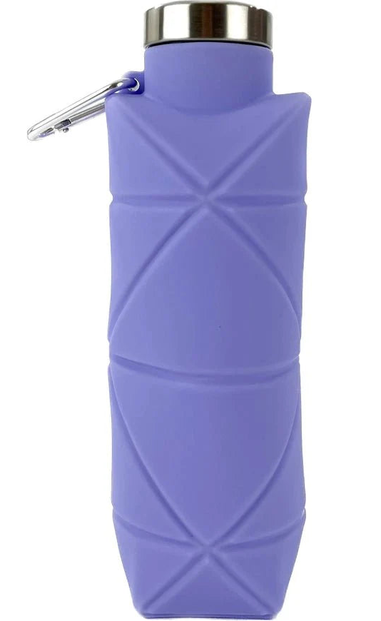 Purple silicone water bottle with a carabiner on a white background