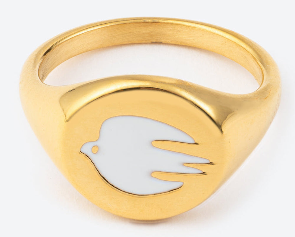 White Enamel Gold Dove Ring