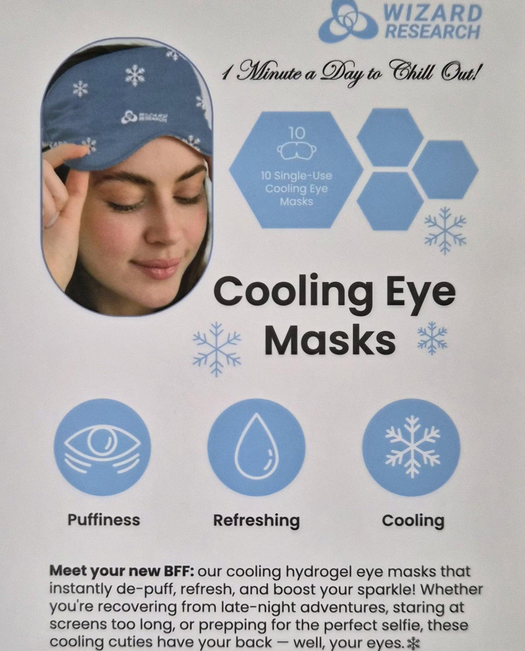 Promotional image of cooling eye masks with a woman wearing one, featuring the brand 'Wizard Research'.