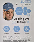 Promotional image of cooling eye masks with a woman wearing one, featuring the brand 'Wizard Research'.