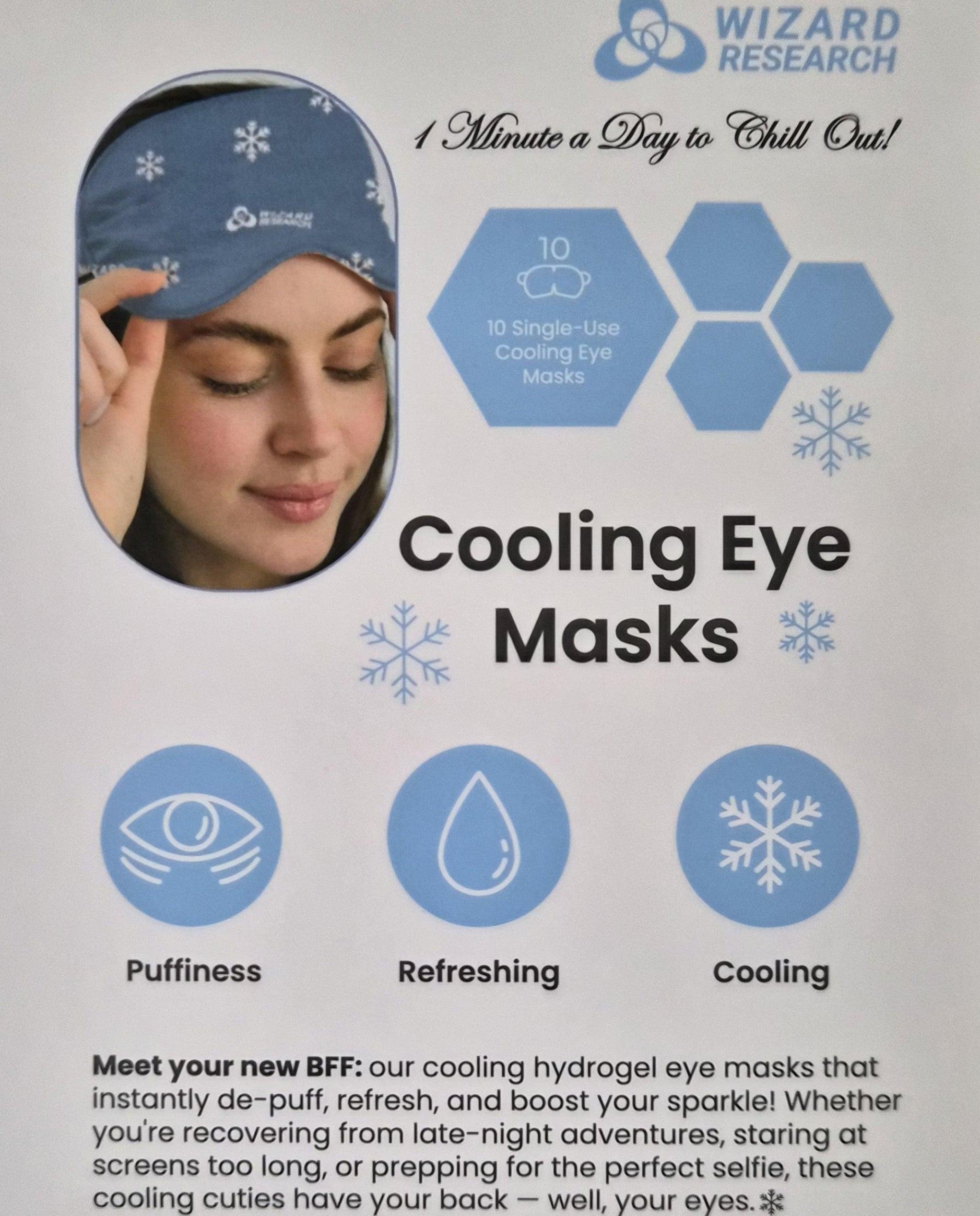 Promotional image of cooling eye masks with a woman wearing one, featuring the brand 'Wizard Research'.