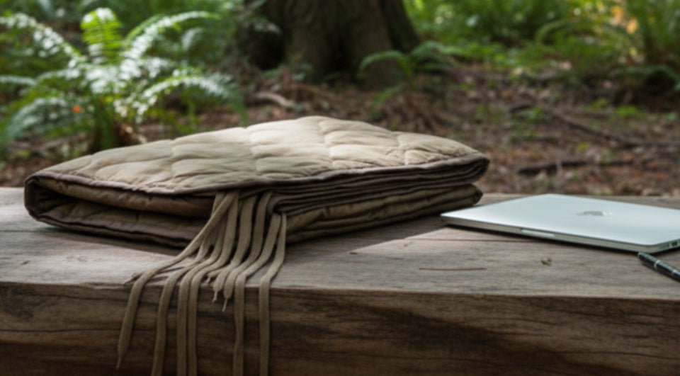 Brown quilted blanket with fringes on a white background
