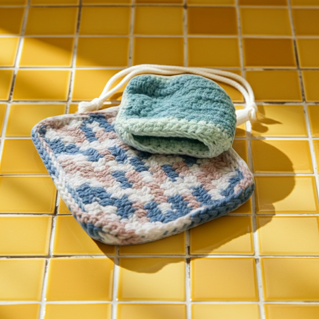 1 Handcrafted Crocheted Wash Cloth with Drawstring Bag for Soap